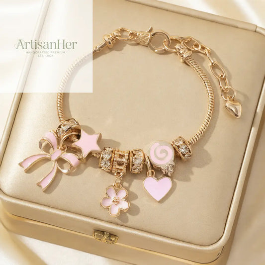 Bracelet Beaded Pink Bow Love Pendant - ArtisanHer